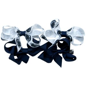 2 mini white ribbon bows with repeating Penn State Athletic Logos and 2 navy mini bows